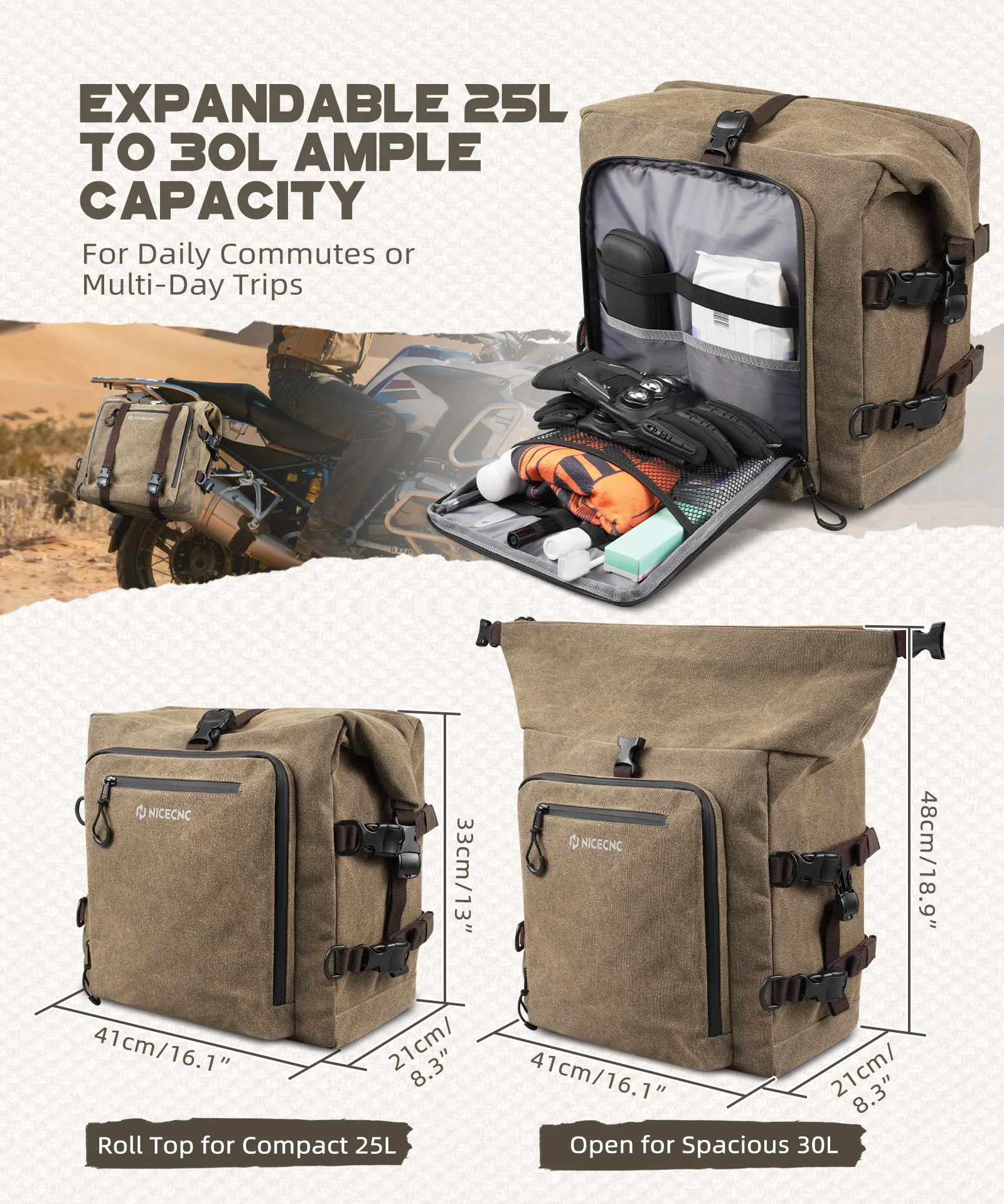 Cotton Canvas 30L Motorcycle Rear Luggage Pannier Rack Saddle Bag Waterproof - Image 3